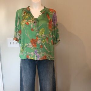 Floral Green Blouse with Ruffle Details